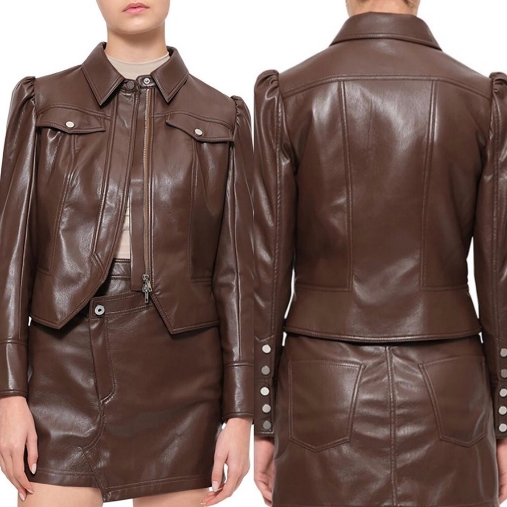 NWT Jonathan Simkhai Wyatt Vegan Leather Coffee Brown Puff Sleeve Jacket Size XS - Picture 1 of 10